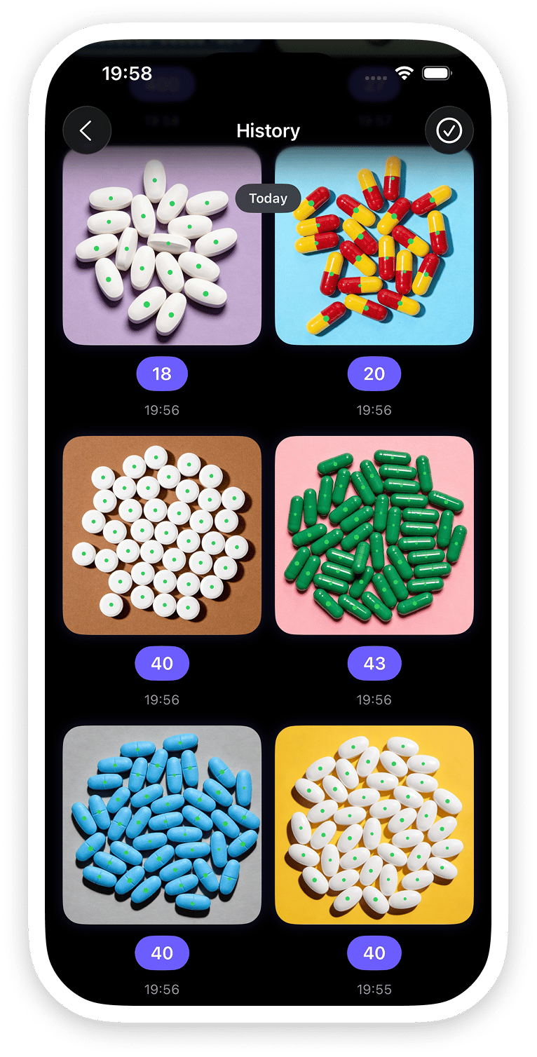 Pill Counter history screen showing previous pill counts.